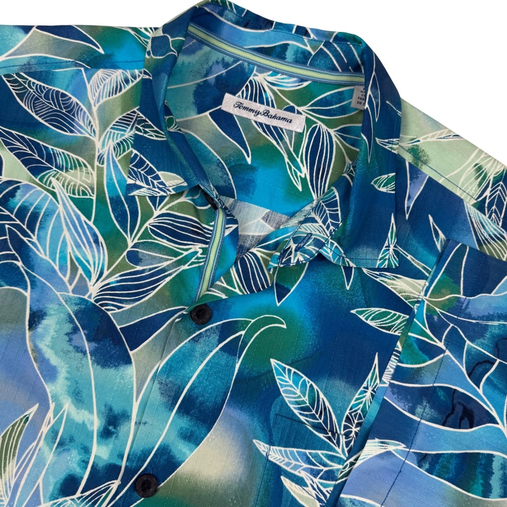 Tommy Bahama TB93 Silk Tropical Hawaiian Shirt Men Large Blue Green Floral Aloha